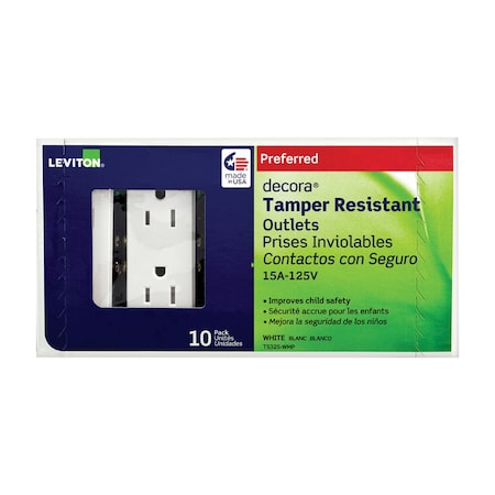 Leviton Duplex Straight Blade Receptacle, 5-15R, 15 A, 125V AC, 2 Pole, 3 Wire, Flush Mount, Grounded T5325-WMP